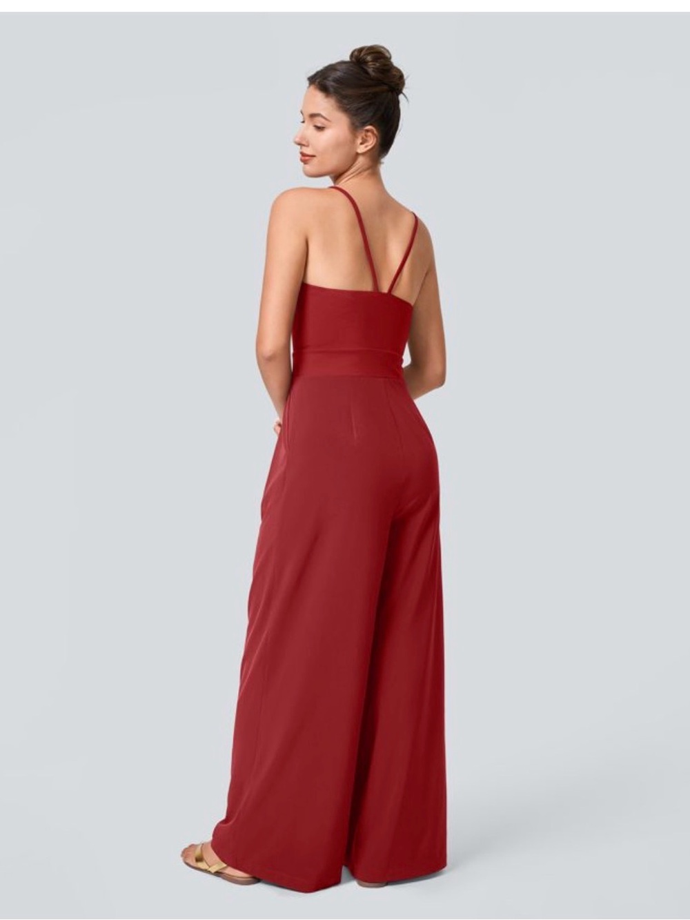 Halara Breezeful hidden zipper Women’s Wide-Leg Red Jumpsuit with V-Neck - Picture 3 of 5